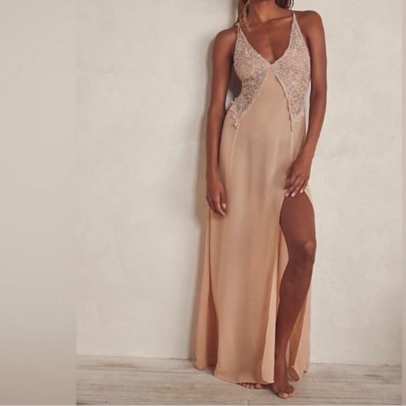 Free People Ivory Sheer Current Obsession Lace Maxi Slit Cut Slip Dress Small - Picture 3 of 14